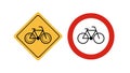 bicycle bike icon traffic road sign, Yellow sign with graphic of bicycle to warn traffics to beware of bicycle lane